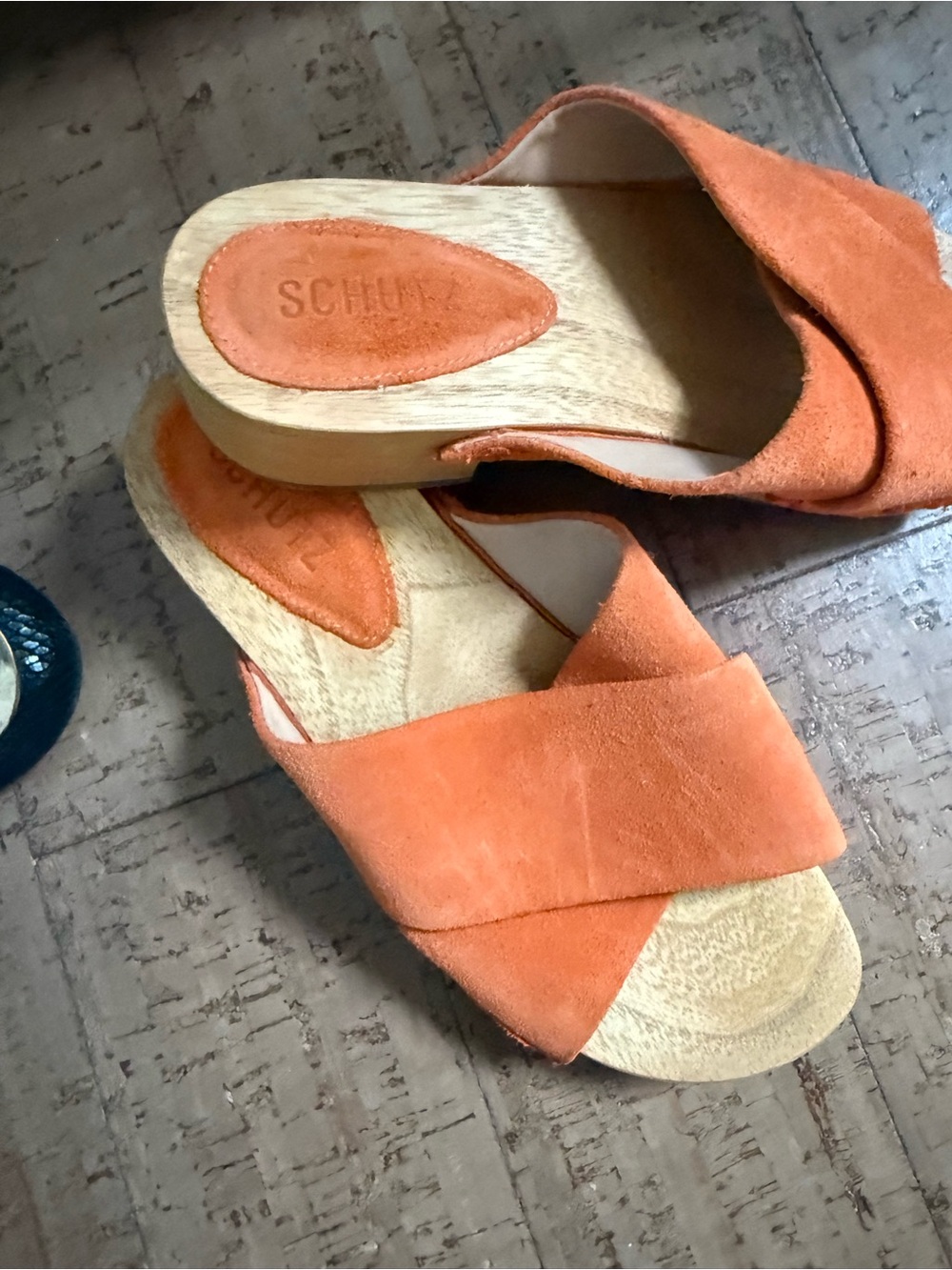 SCHUTZ Orange Suede Cross-Strap Wooden Platform Clogs